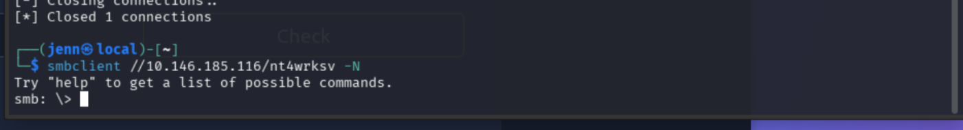 Anonymous smbclient connection to nt4wrksv share succeeding